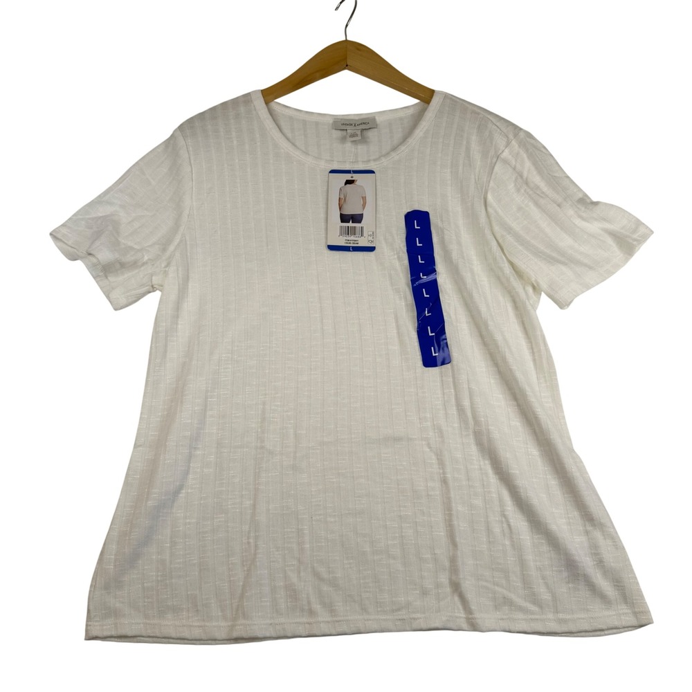 Vintage America Womens Slub Ribbed Tee White‎ Crew Neck Short Sleeve Shirt L NEW